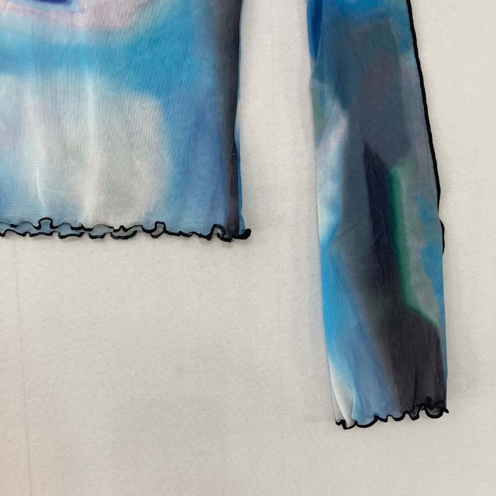 Women's size Small Blue Multi Abstract Artsy Mesh Sheer Lettuce Hem Stretch - Picture 9 of 10